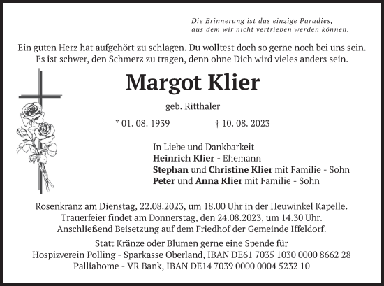 Traueranzeige von Margot Klier von merkurtz