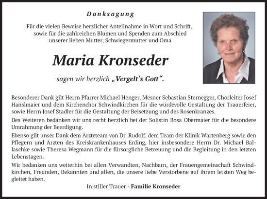 Traueranzeige von Maria Kronseder von merkurtz