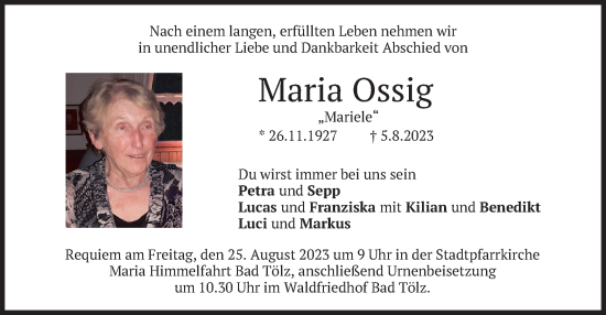 Traueranzeige von Maria Ossig von merkurtz