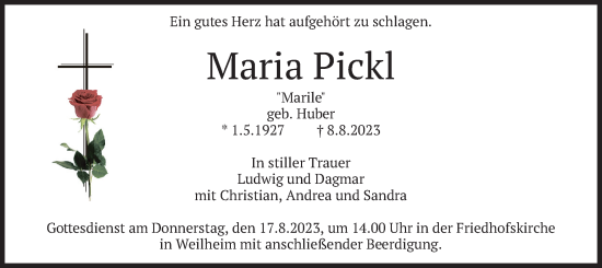 Traueranzeige von Maria Pickl von merkurtz