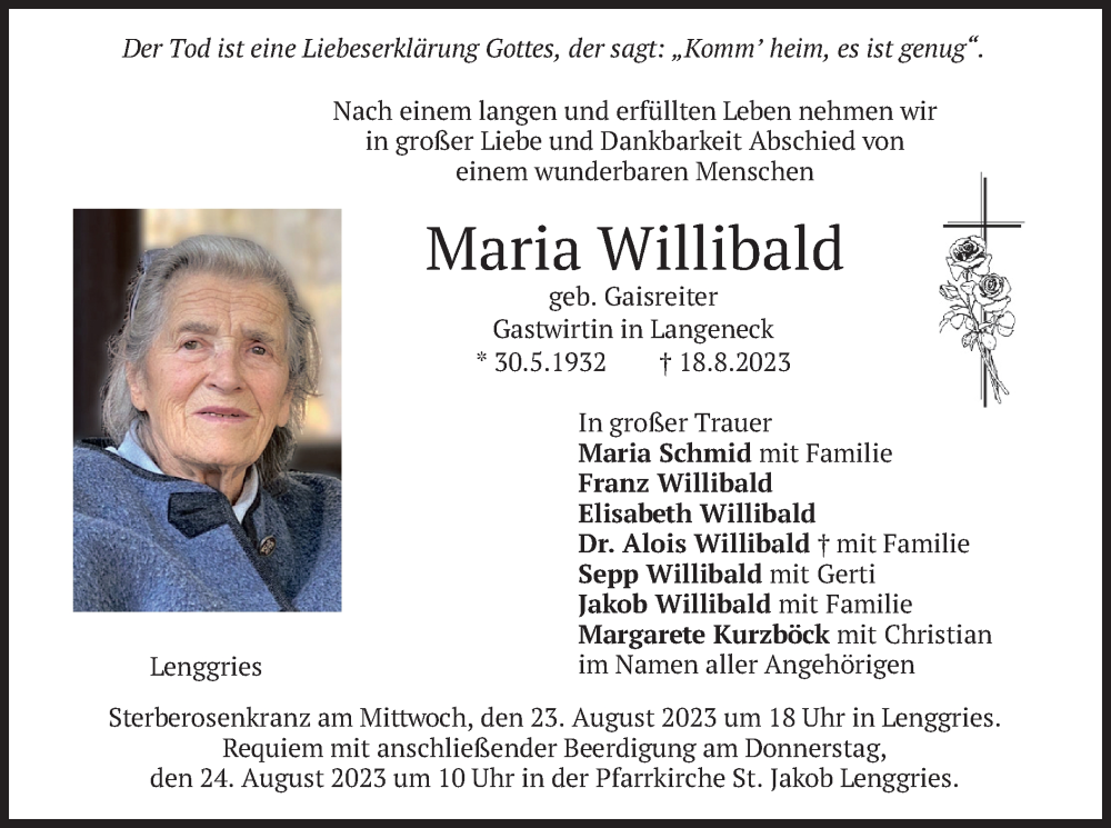  Traueranzeige für Maria Willibald vom 22.08.2023 aus merkurtz