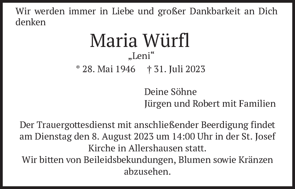  Traueranzeige für Maria Würfl vom 05.08.2023 aus merkurtz