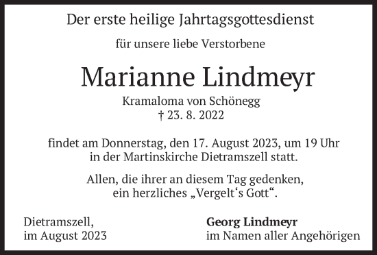 Traueranzeige von Marianne Lindmeyr von merkurtz