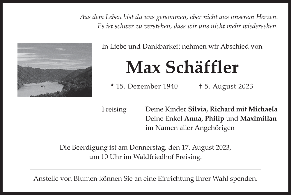  Traueranzeige für Max Schäffler vom 09.08.2023 aus merkurtz