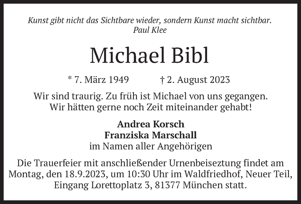  Traueranzeige für Michael Bibl vom 12.08.2023 aus merkurtz