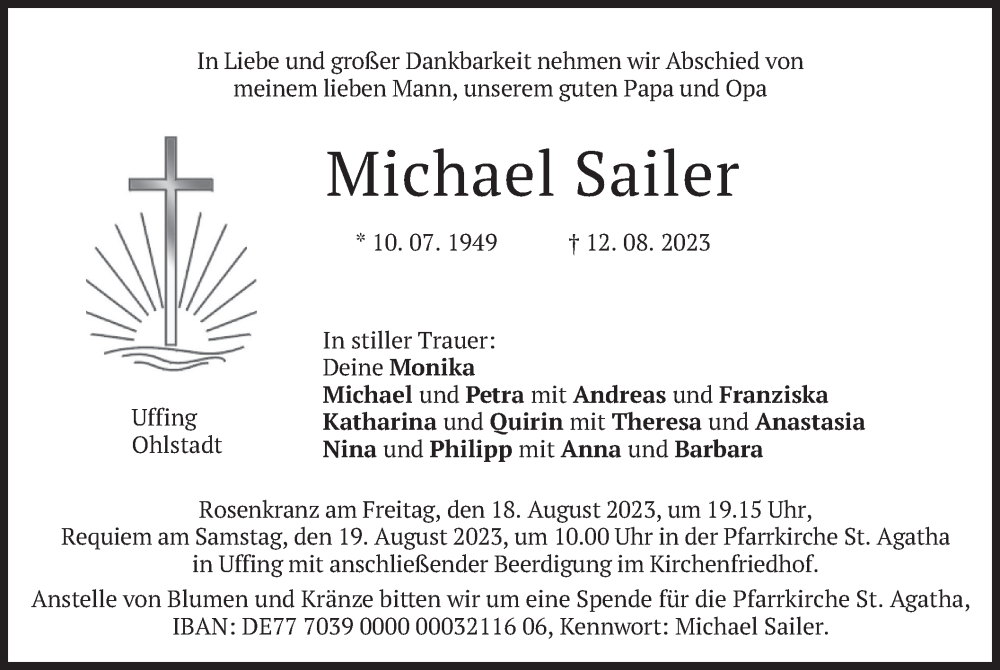  Traueranzeige für Michael Sailer vom 16.08.2023 aus merkurtz