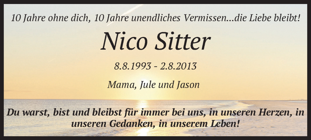  Traueranzeige für Nico Sitter vom 02.08.2023 aus merkurtz