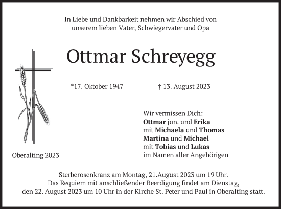 Traueranzeige von Ottmar Schreyegg von merkurtz
