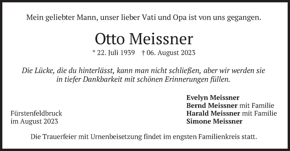  Traueranzeige für Otto Meissner vom 19.08.2023 aus merkurtz