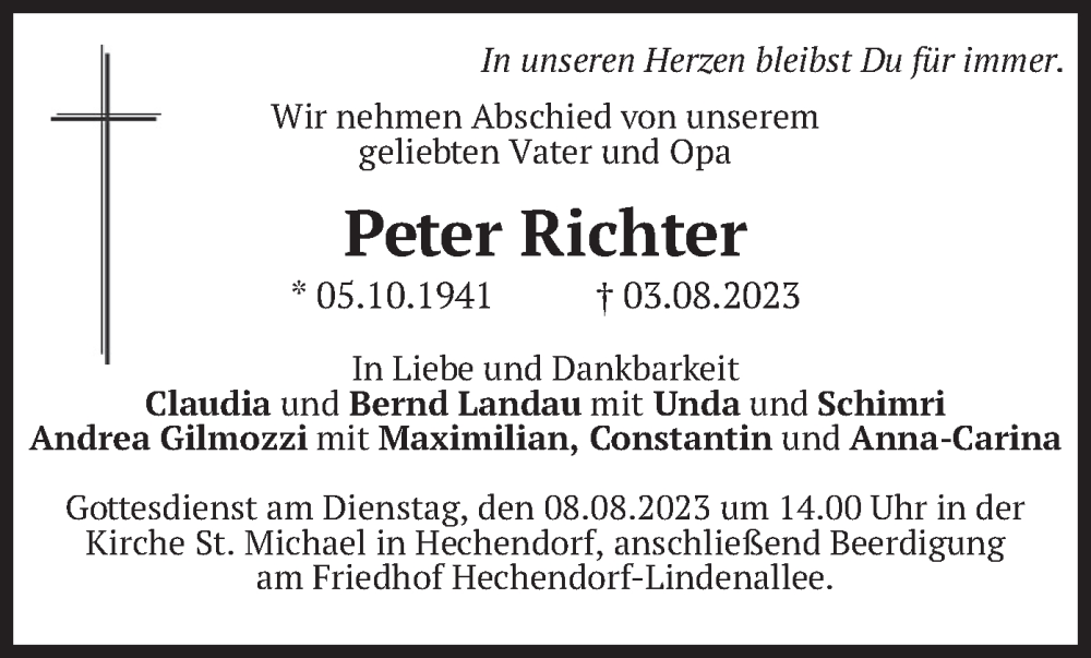  Traueranzeige für Peter Richter vom 05.08.2023 aus merkurtz