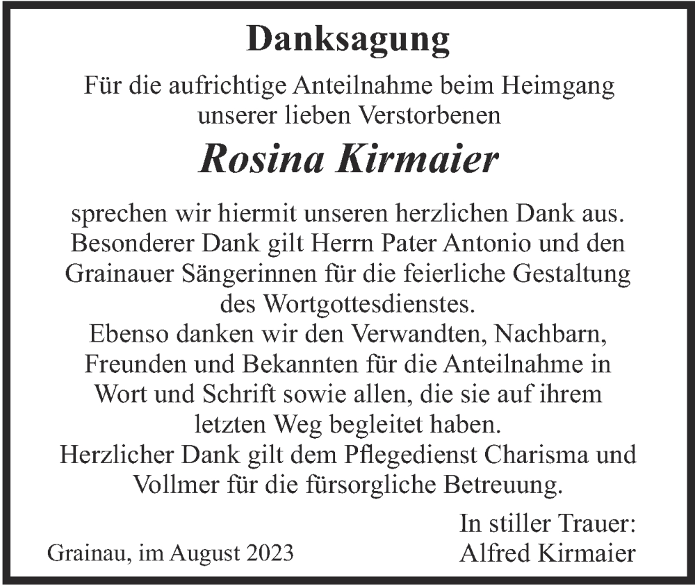  Traueranzeige für Rosina Kirmaier vom 19.08.2023 aus merkurtz