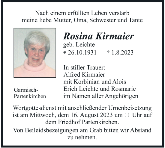 Traueranzeige von Rosina Kirmaier von merkurtz
