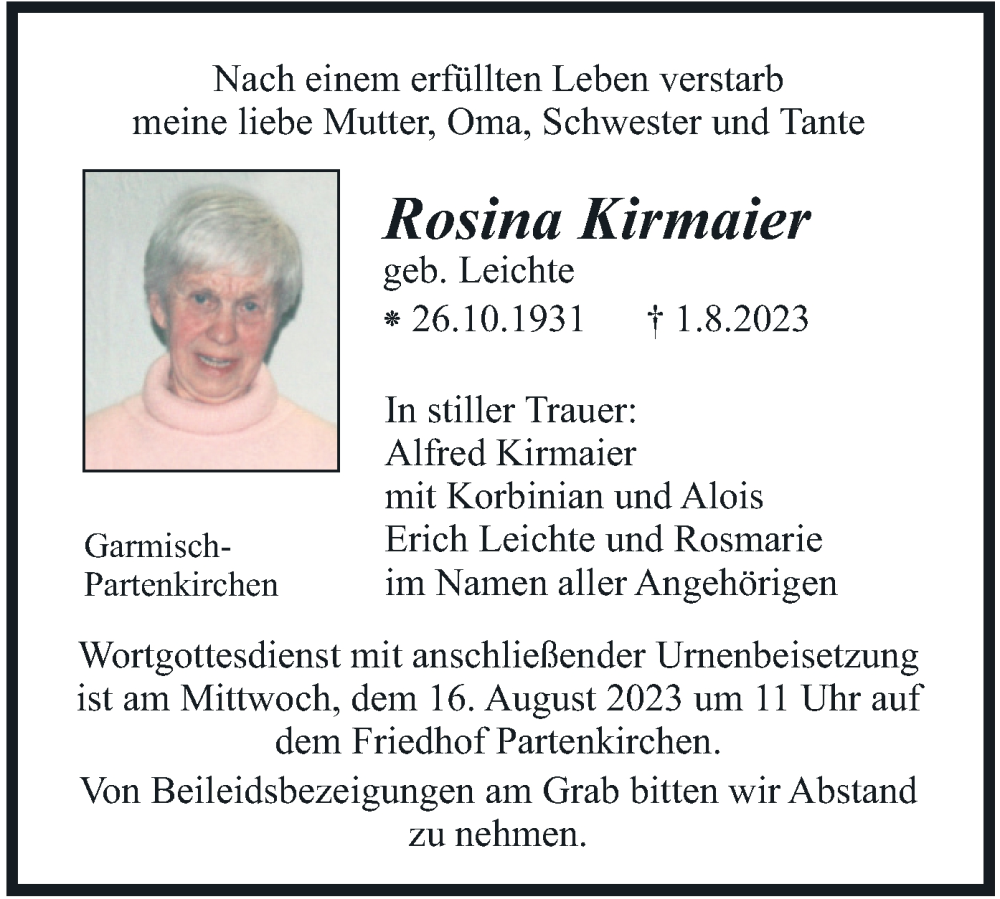  Traueranzeige für Rosina Kirmaier vom 12.08.2023 aus merkurtz