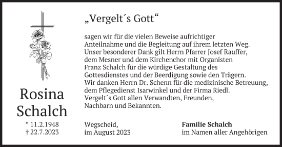 Traueranzeige von Rosina Schalch von merkurtz