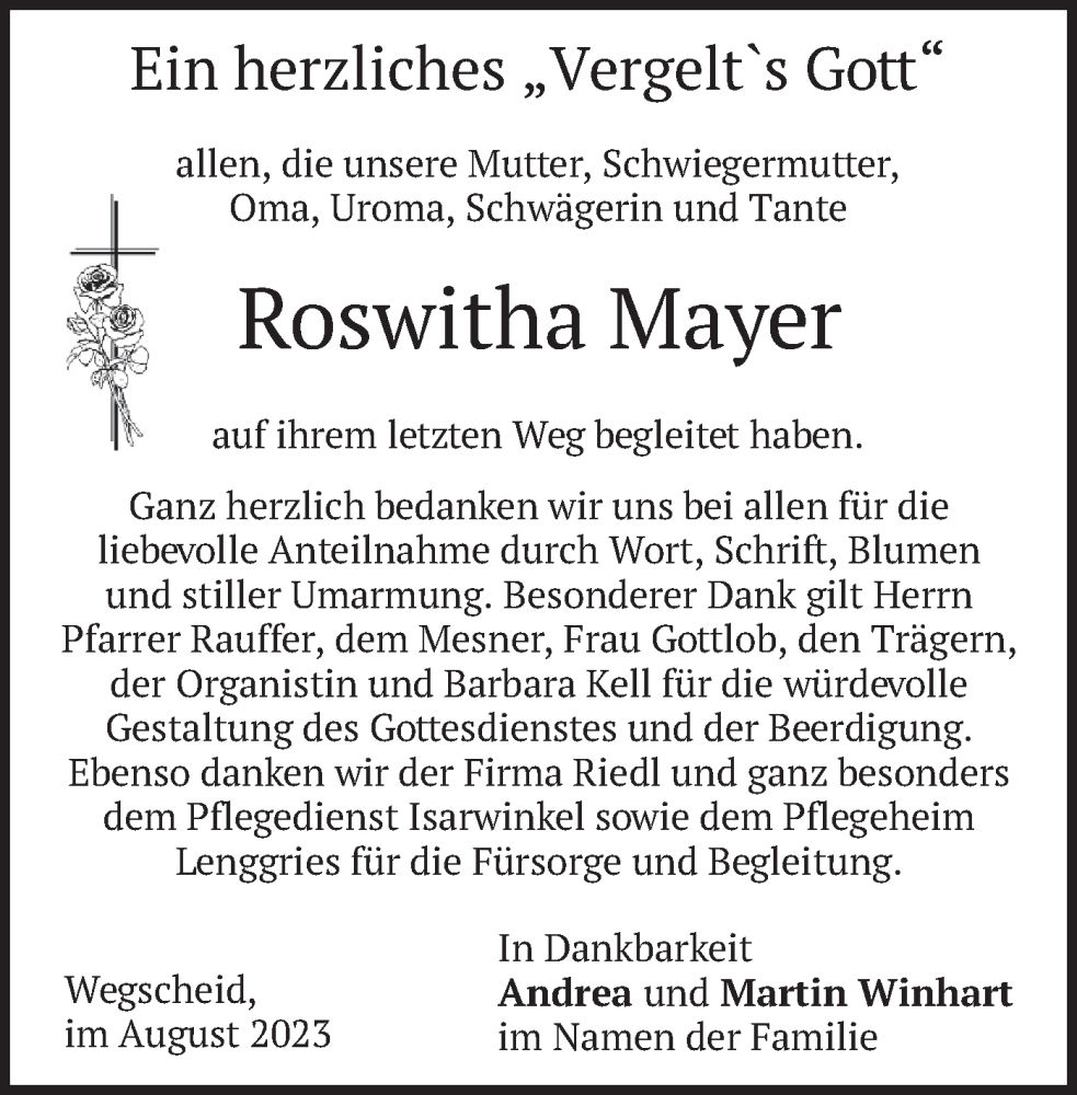  Traueranzeige für Roswitha Mayer vom 05.08.2023 aus merkurtz