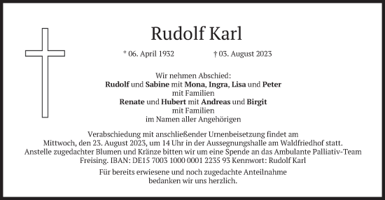 Traueranzeige von Rudolf Karl von merkurtz