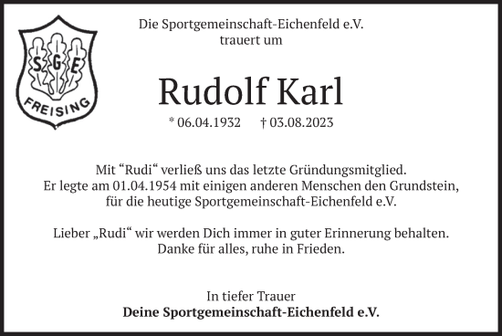 Traueranzeige von Rudolf Karl von merkurtz