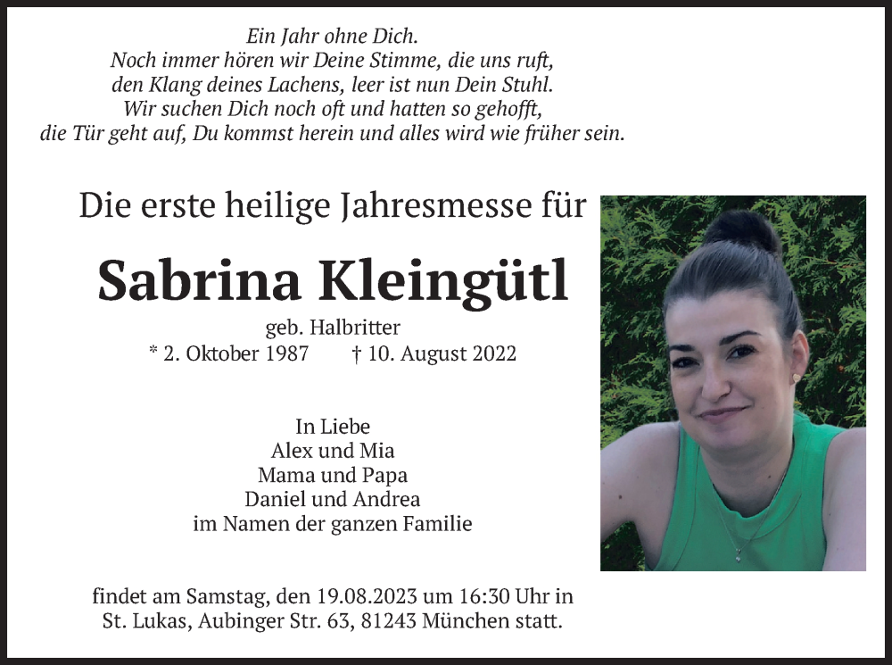  Traueranzeige für Sabrina Kleingütl vom 17.08.2023 aus merkurtz