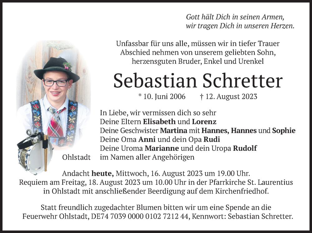 Traueranzeige für Sebastian Schretter vom 16.08.2023 aus merkurtz