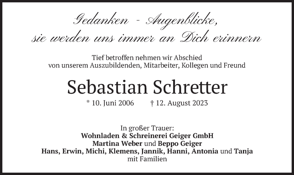  Traueranzeige für Sebastian Schretter vom 17.08.2023 aus merkurtz