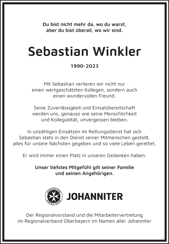  Traueranzeige für Sebastian Winkler vom 16.08.2023 aus merkurtz