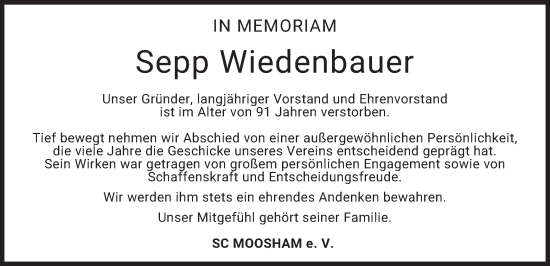 Traueranzeige von Sepp Wiedenbauer von merkurtz