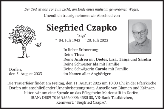 Traueranzeige von Siegfried Czapko von merkurtz