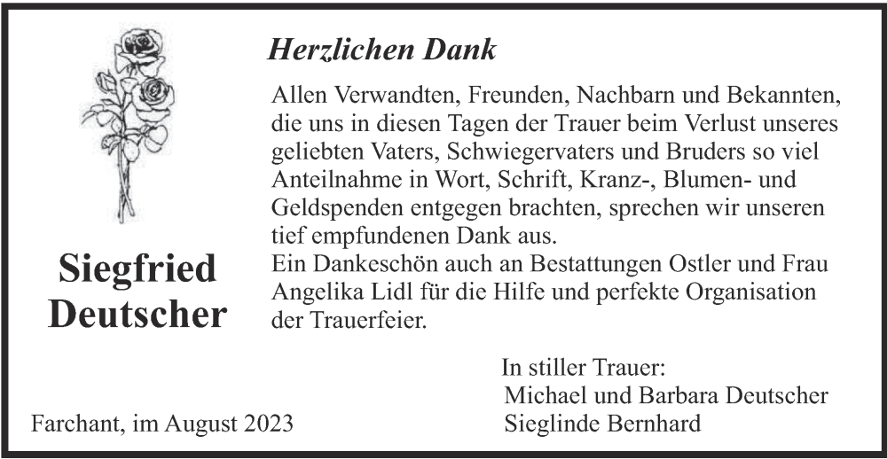  Traueranzeige für Siegfried Deutscher vom 05.08.2023 aus merkurtz
