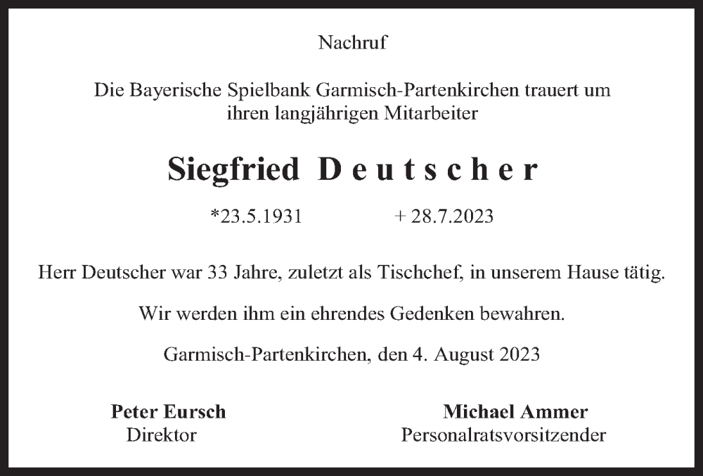  Traueranzeige für Siegfried Deutscher vom 08.08.2023 aus merkurtz