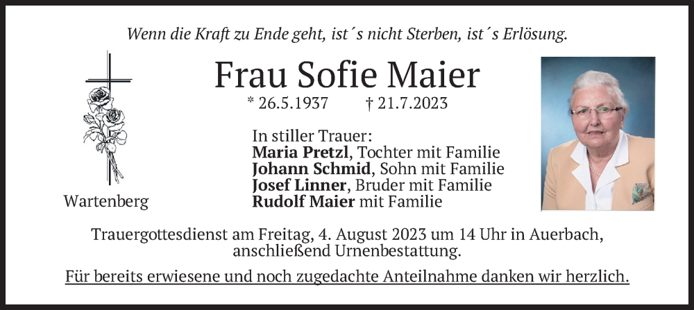  Traueranzeige für Sofie Maier vom 02.08.2023 aus merkurtz