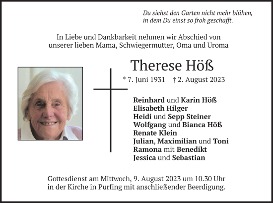 Traueranzeige von Therese Höß von merkurtz