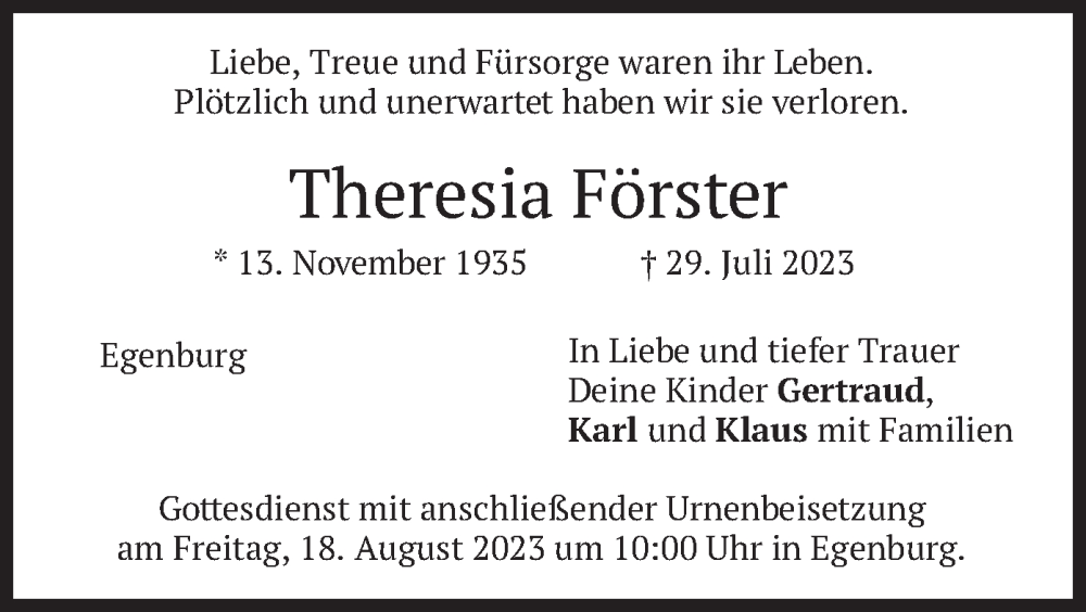  Traueranzeige für Theresia Förster vom 14.08.2023 aus merkurtz