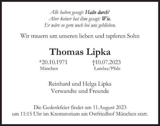 Traueranzeige von Thomas Lipka von merkurtz