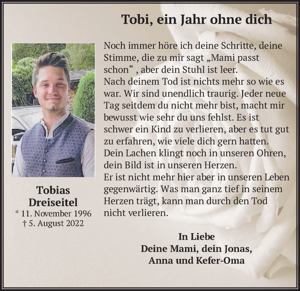  Traueranzeige für Tobias Dreiseitel vom 05.08.2023 aus merkurtz