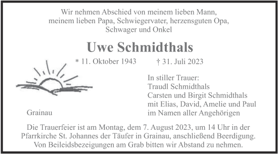 Traueranzeige von Uwe Schmidthals von merkurtz