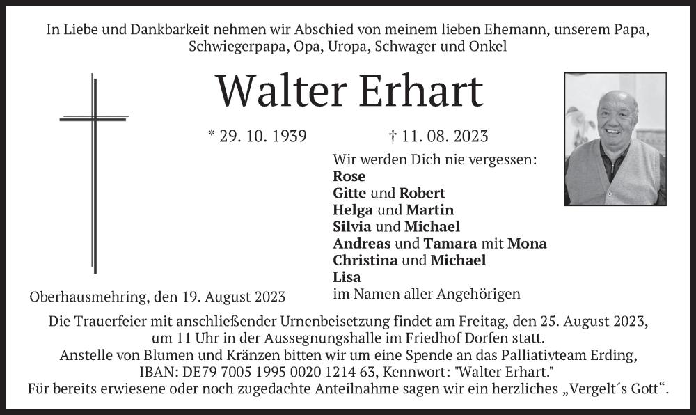  Traueranzeige für Walter Erhart vom 19.08.2023 aus merkurtz