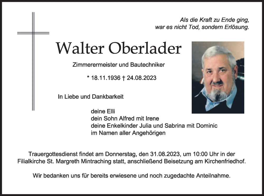  Traueranzeige für Walter Oberlader vom 26.08.2023 aus merkurtz