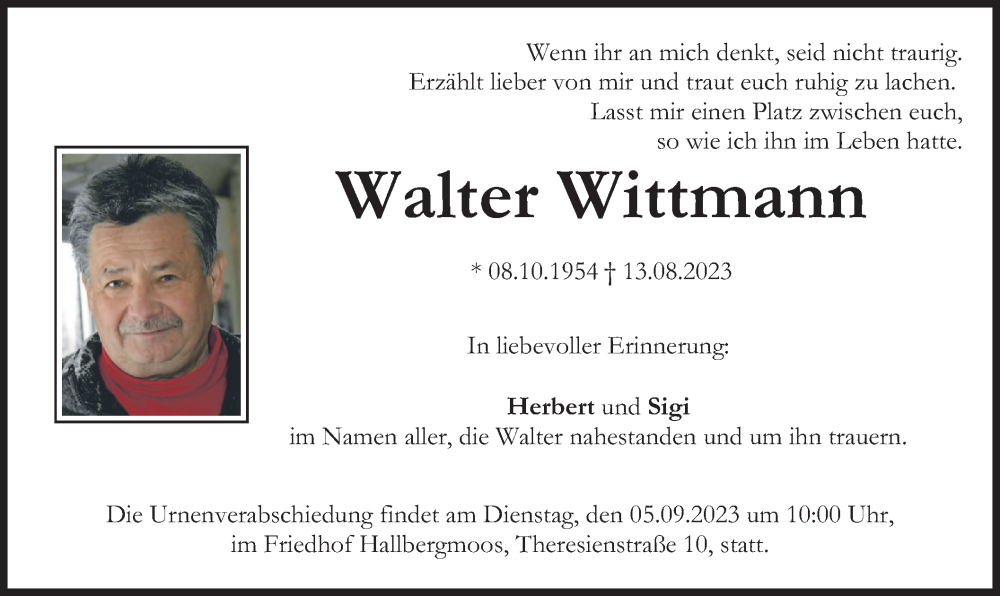  Traueranzeige für Walter Wittmann vom 30.08.2023 aus merkurtz