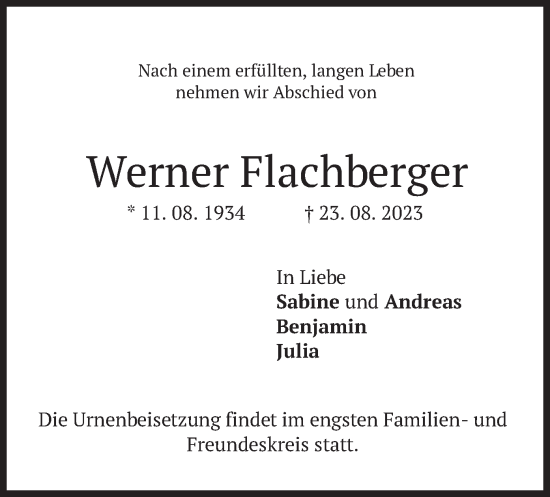 Traueranzeige von Werner Flachberger von merkurtz