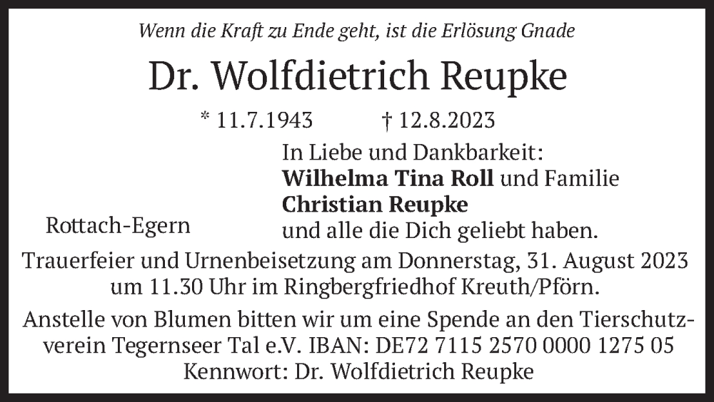  Traueranzeige für Wolfdietrich Reupke vom 26.08.2023 aus merkurtz