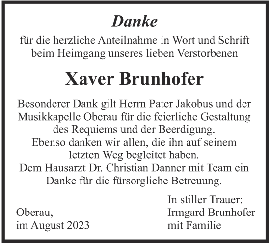 Traueranzeige von Xaver Brunhofer von merkurtz