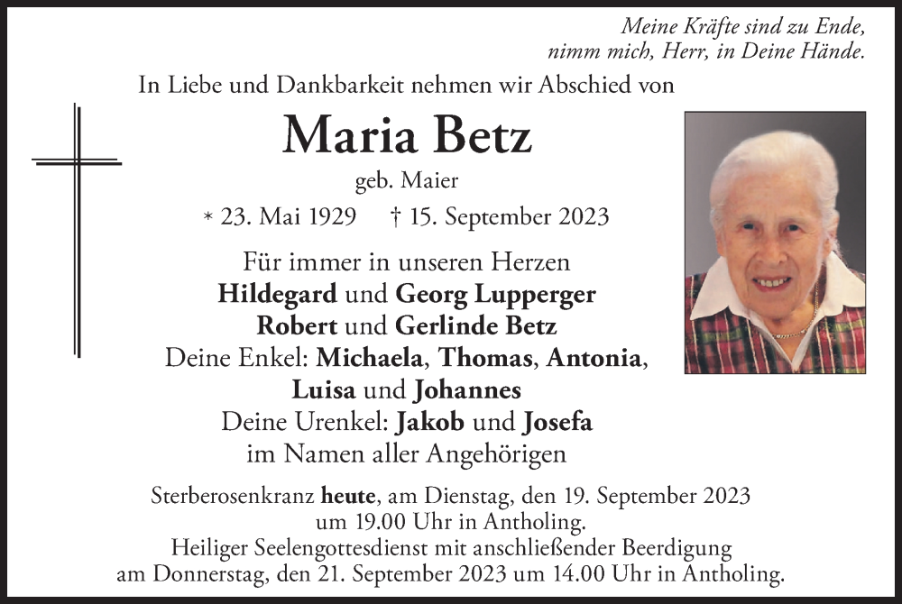  Traueranzeige für Maria Betz vom 19.09.2023 aus MERKURTZ