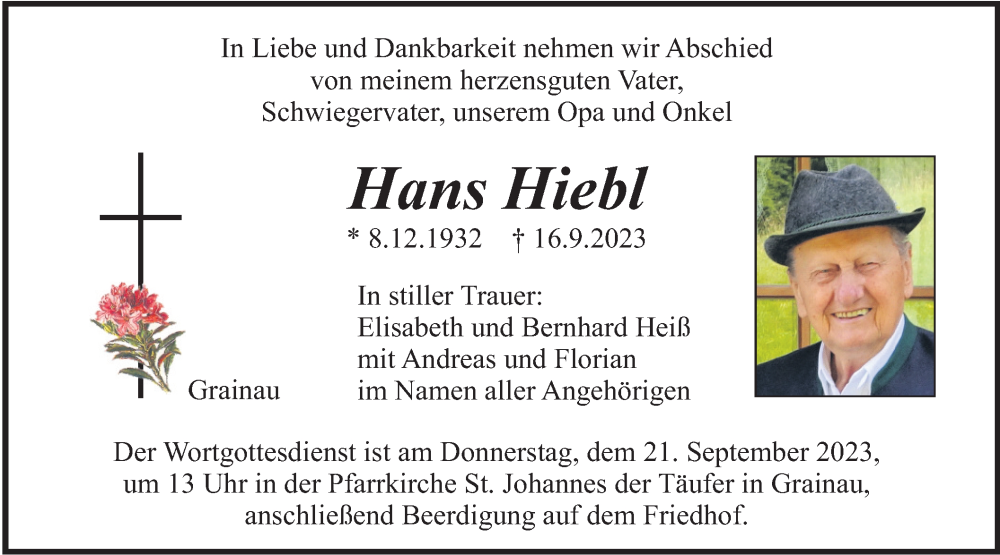  Traueranzeige für Hans Hiebl vom 19.09.2023 aus MERKURTZ