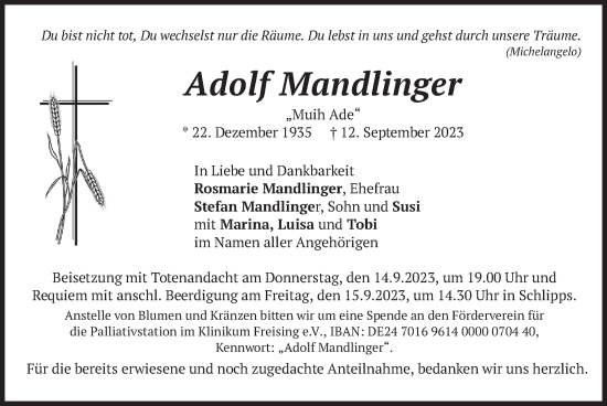 Traueranzeige von Adolf Mandlinger von merkurtz