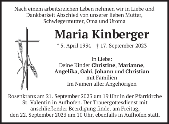 Traueranzeige von Maria Kinberger von MERKURTZ