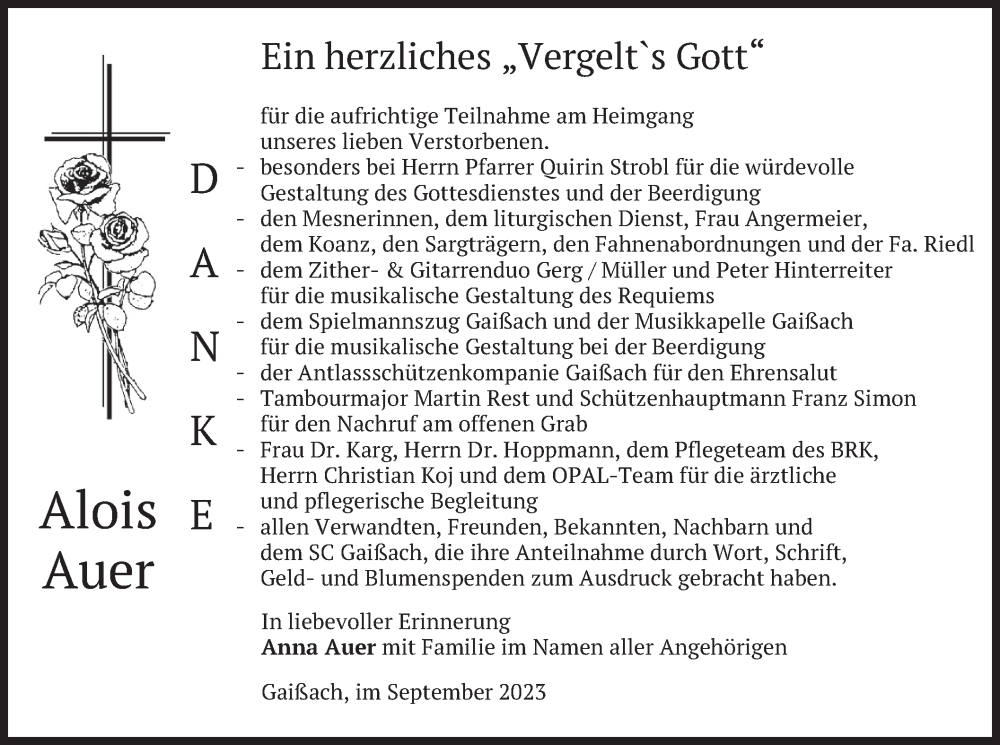  Traueranzeige für Alois Auer vom 02.09.2023 aus merkurtz