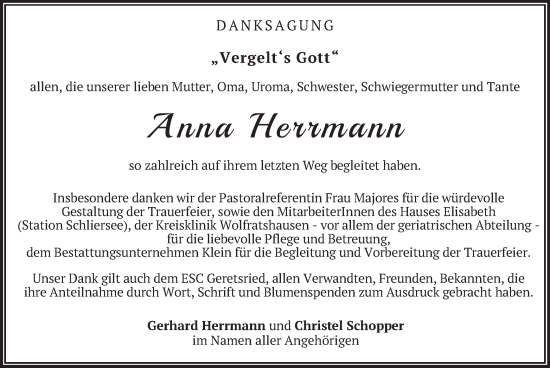 Traueranzeige von Anna Herrmann von merkurtz