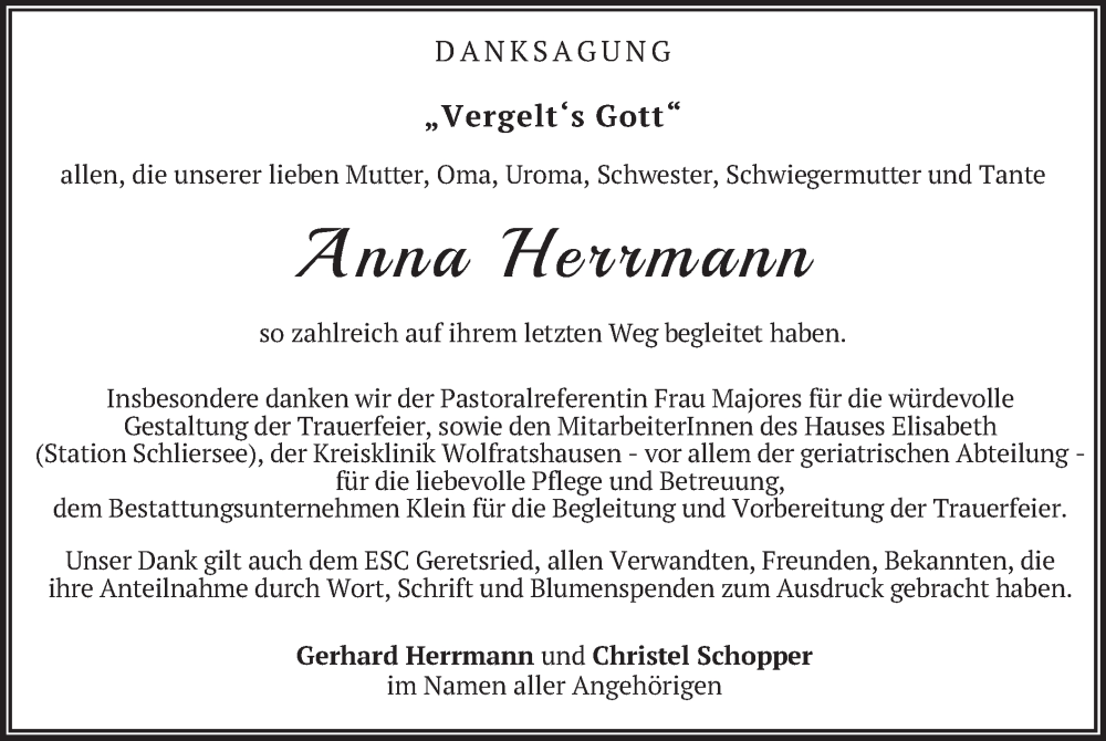  Traueranzeige für Anna Herrmann vom 09.09.2023 aus merkurtz