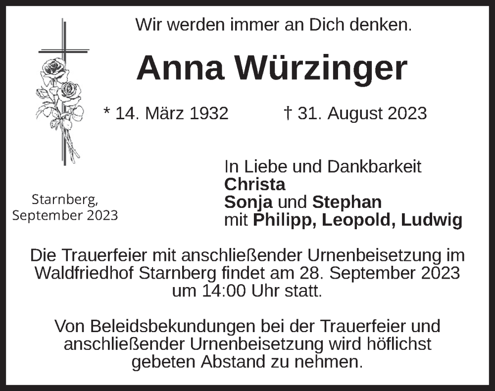  Traueranzeige für Anna Würzinger vom 23.09.2023 aus merkurtz
