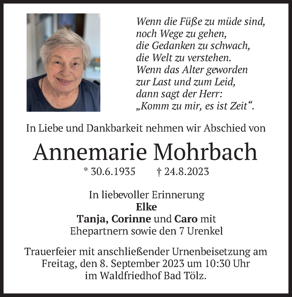  Traueranzeige für Annemarie Mohrbach vom 06.09.2023 aus merkurtz